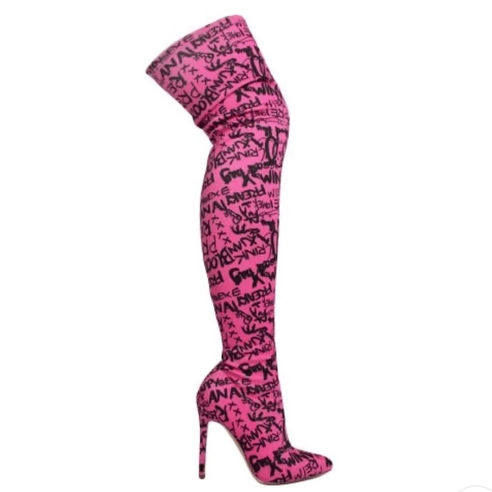 Pink and Black Graffiti Thigh High Stiletto Boots